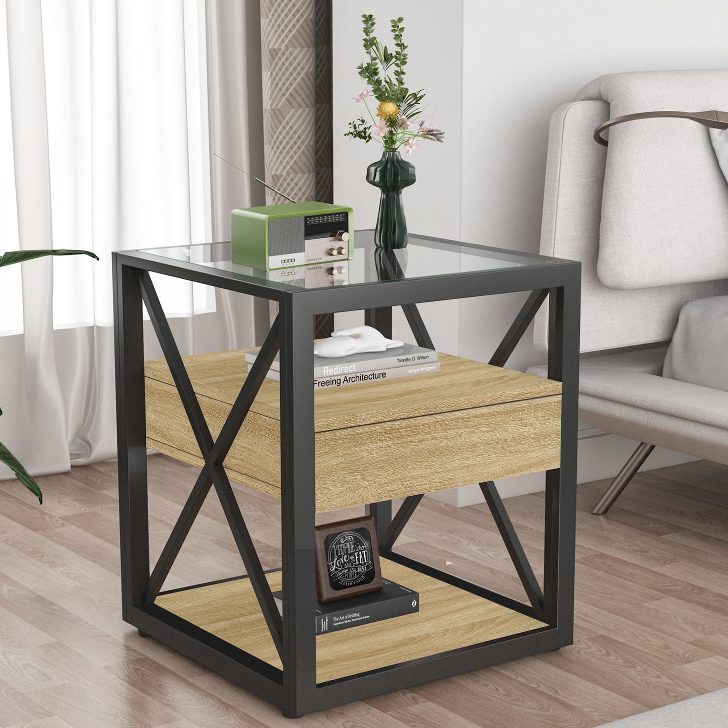 End Table with Drawer, 17.7 x 17.7 in, 21.1 in H, 3-Tier MDF & Tempered Glass, Natural Wood Finish