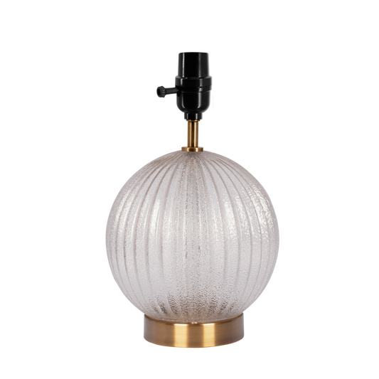 Round Ribbed Glass Table Lamp with Large Linen Shade, E26 Rotary Switch, 60W Max Brass, Clear, Natural.