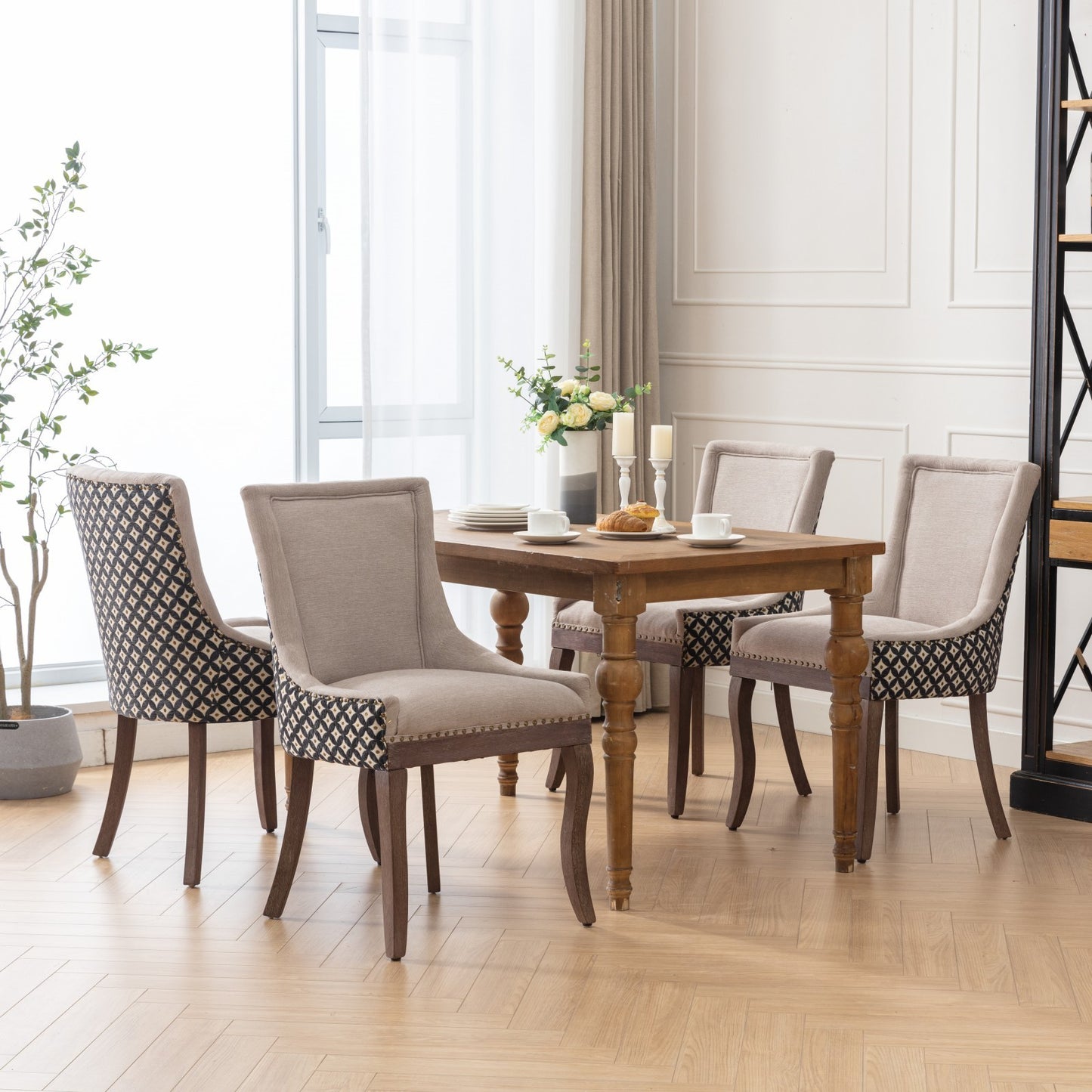 A&A Furniture, Ultra Side Dining Chair, Thickened fabric chairs with neutrally toned solid wood legs, Bronze nail head, Set of 2, Beige and Patterned,SW2207BG