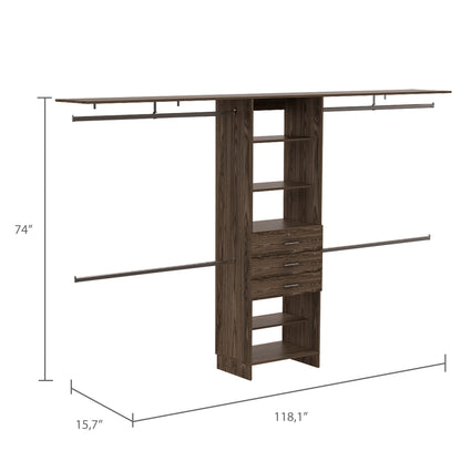 Versatile Dark Walnut Closet System with Adjustable Size, Multiple Hanging Rods, Drawers, and Shelves