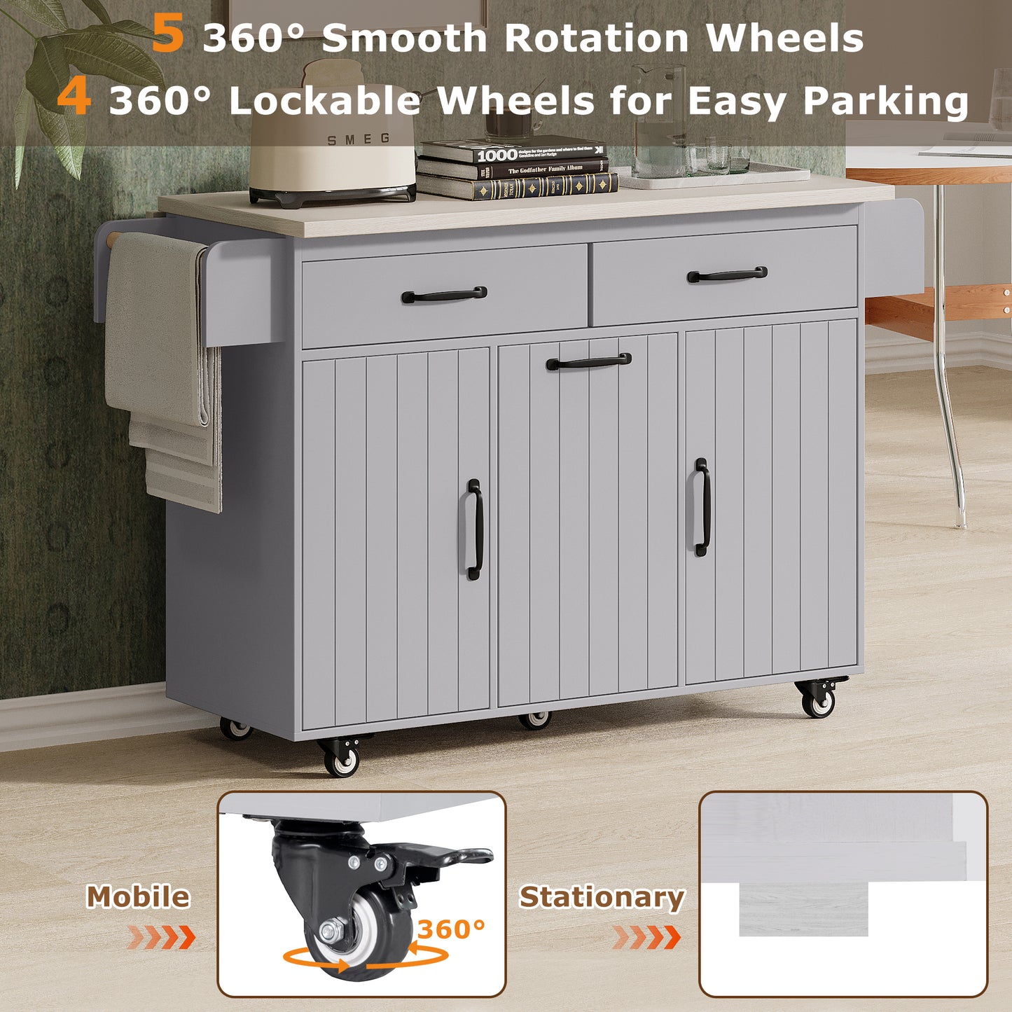 Grey Rolling Kitchen Island with Drop Leaf and Trash Can Storage, Spice Rack, Towel Rack, and Adjustable Shelves