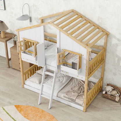 Twin House Bunk Bed for Kids with Roof, Windows, and Safety Features - Natural/White Finish