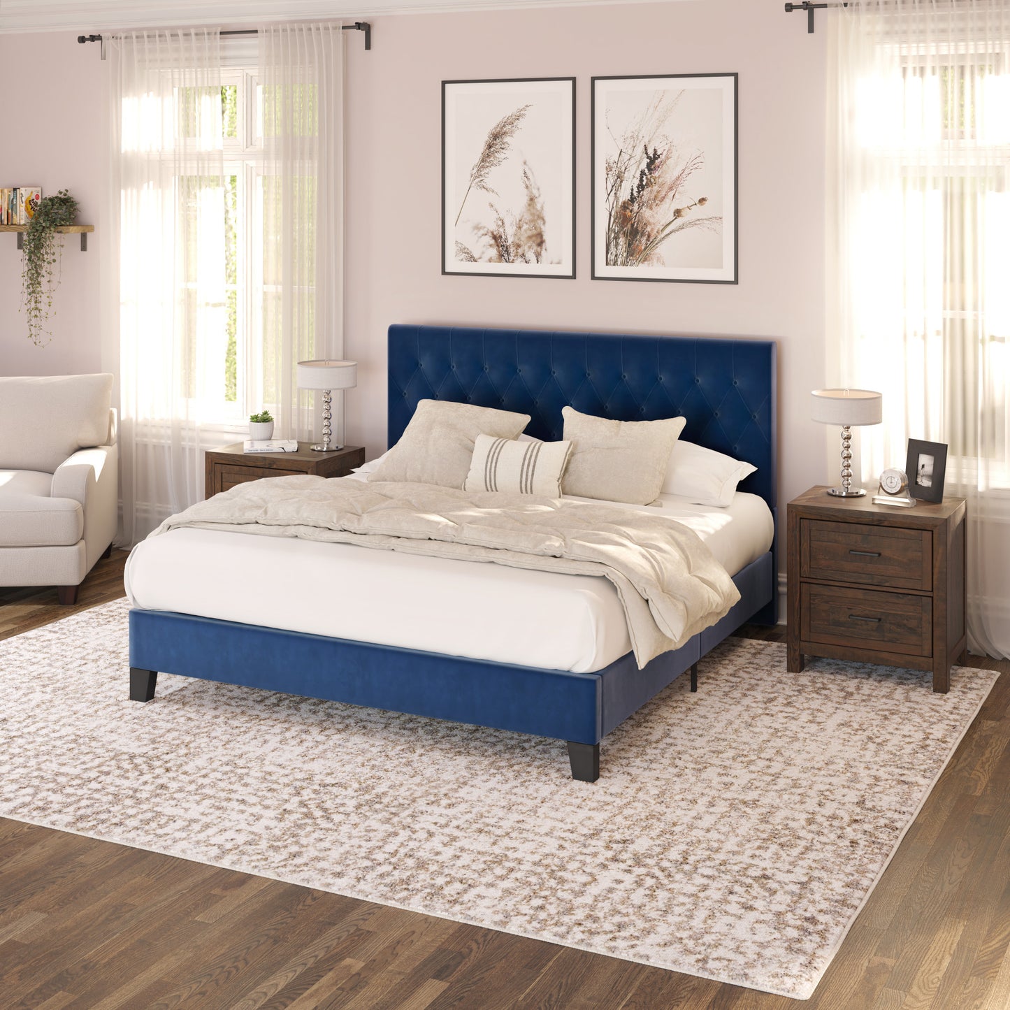 Wallace & Bay Luma Navy Queen Upholstered Bed
