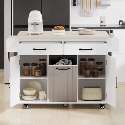 Rolling White Kitchen Island with Drop Leaf and Tilt-out Trash Can Storage, Spice Rack & Towel Rack