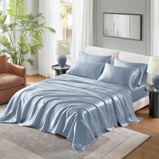 Twin Satin Sheet Set - 100% Polyester Satin - Wrinkle-Resistant - 2 Pillowcases - OEKO-TEX - Blue