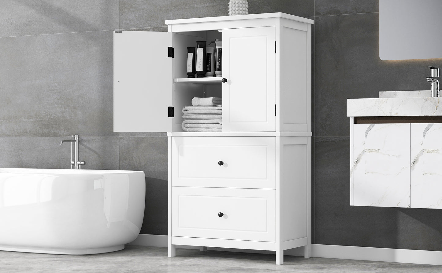 White MDF Bathroom Storage Cabinet with Adjustable Shelves, Two Doors, and Drawers