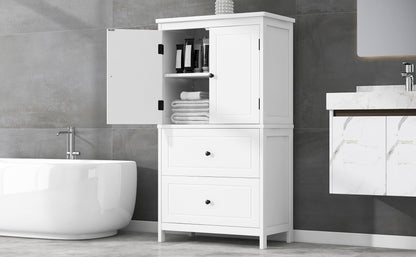 White MDF Bathroom Storage Cabinet with Adjustable Shelves, Two Doors, and Drawers
