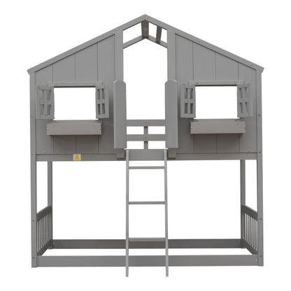 Twin House Bunk Bed for Kids with Roof and Windows - Twin Over Twin Design in Grey