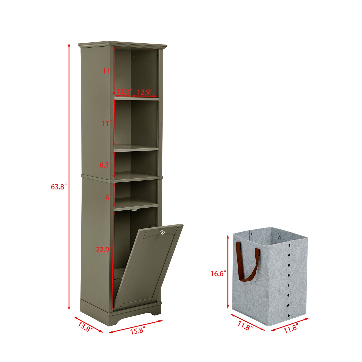 64-Inch Slim Bathroom Storage Cabinet with Adjustable Shelves and Hidden Laundry Hamper, Grey Finish for Small Spaces