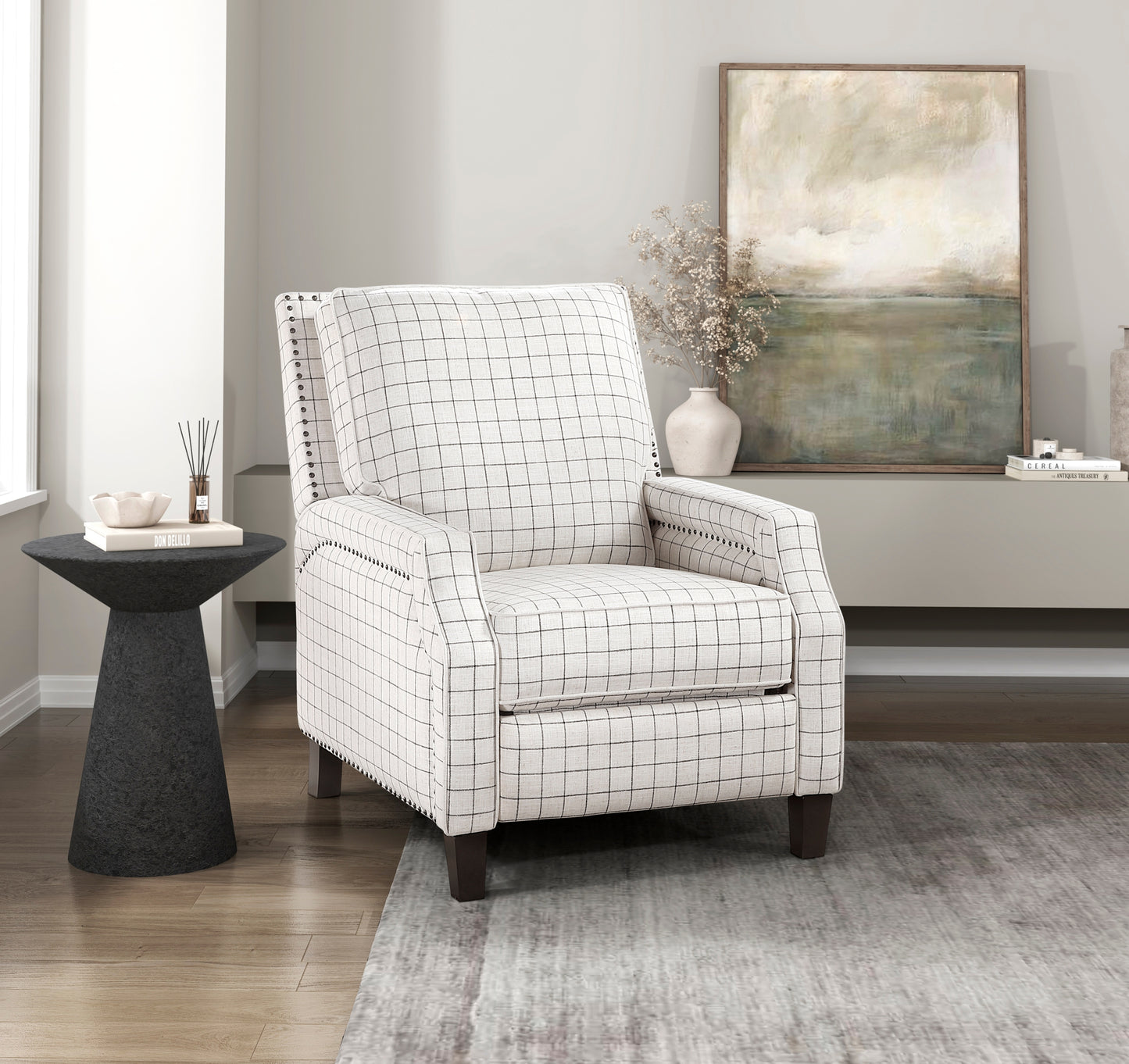 Push-Back Recliner Chair, Transitional Style, Solid Wood Frame, Nailhead Trim, 300lb Capacity, Off White