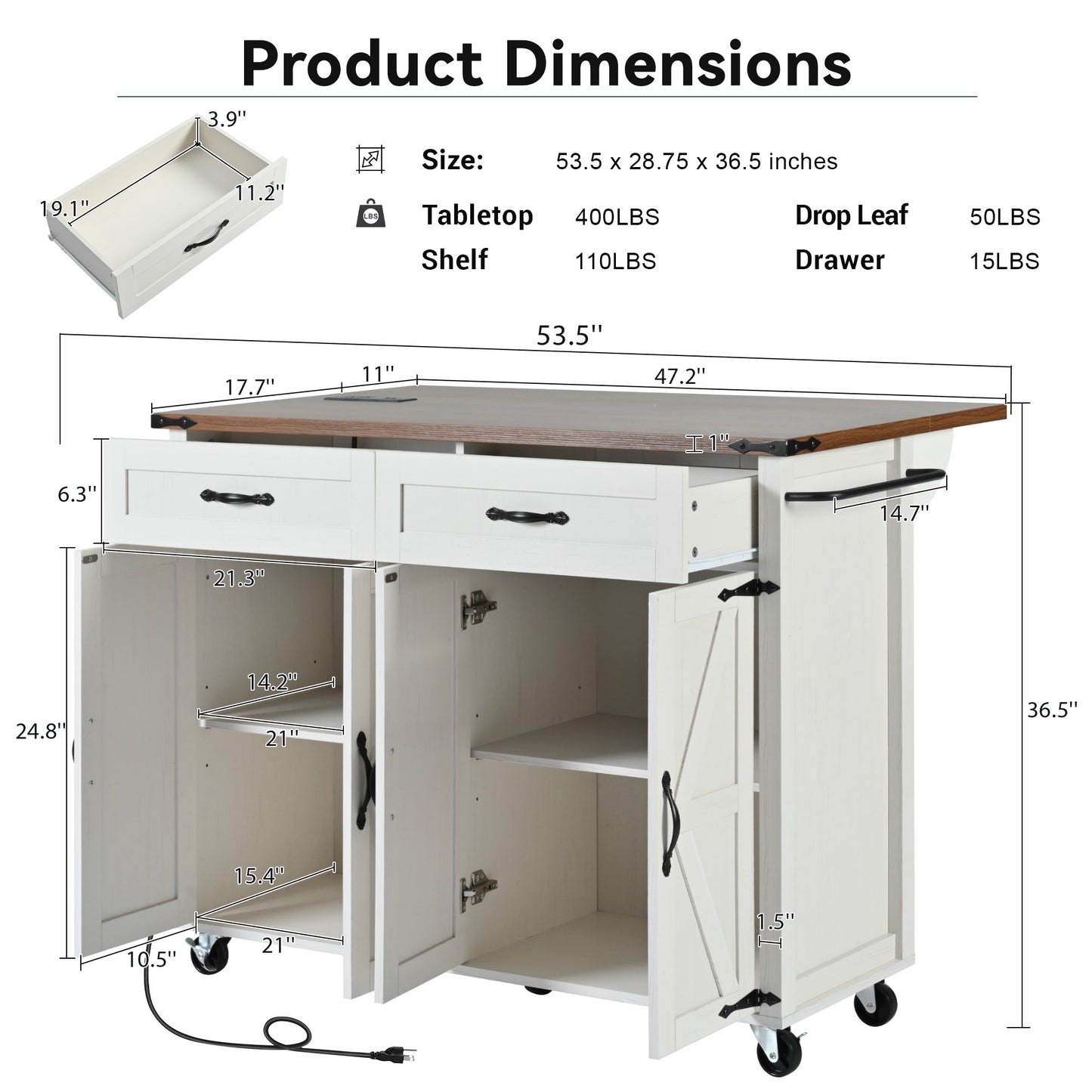 Farmhouse Rolling Kitchen Island with Power Outlet, Drop Leaf, Spice Rack, and Storage Drawers - 53.5'' White Cart for Kitchen and Dining Room