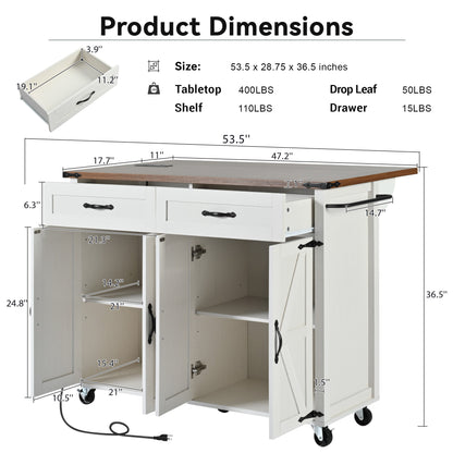 Farmhouse Rolling Kitchen Island with Power Outlet, Drop Leaf, Spice Rack, and Storage Drawers - 53.5'' White Cart for Kitchen and Dining Room