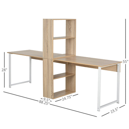 HOMCOM 88" Extended Dual Workstation Desk with Bookshelf, Natural Wood Finish - Ideal for Home Office and Collaborative Study
