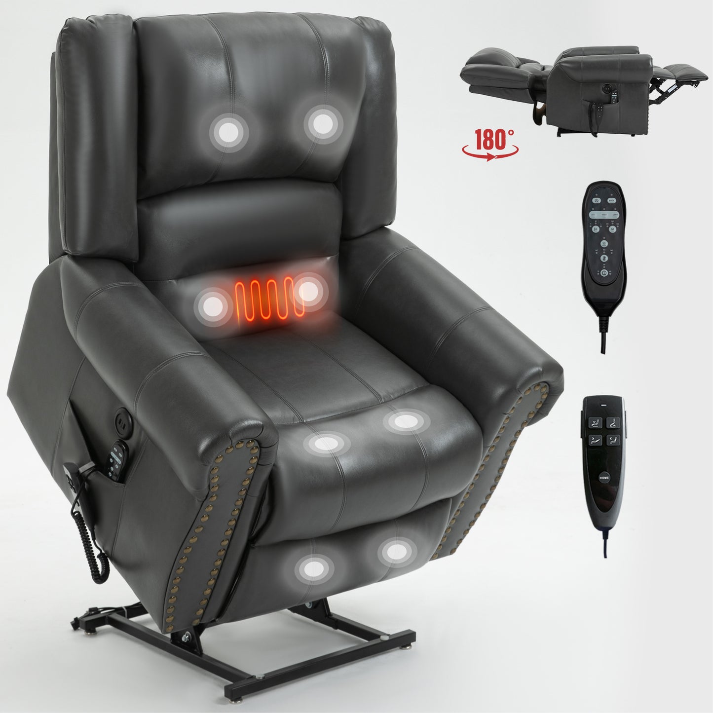 Power Lift Recliner with Dual Motors, Heat Massage, Infinite Position, 350 lb Capacity, Faux Leather Grey