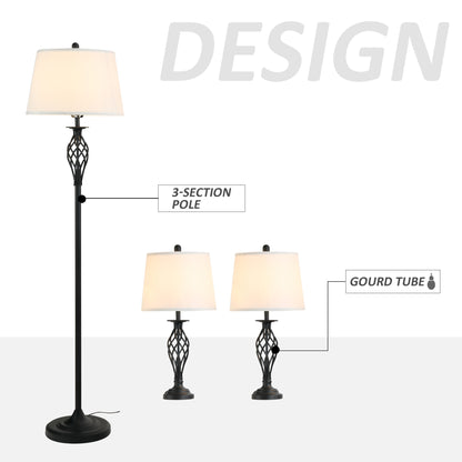 Three-Piece Floor and Table Lamp Set with Metal Poles and Fabric Shades, 62in Floor Lamp, Black/White