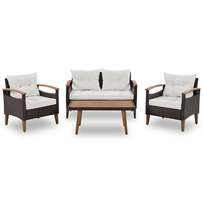 Outdoor 4 Piece PE Rattan Sofa Set With Wood Table And Legs For Patio Or Garden Comfort Cushions Included Beige
