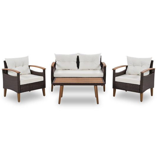 Outdoor 4 Piece PE Rattan Sofa Set With Wood Table And Legs For Patio Or Garden Comfort Cushions Included Beige
