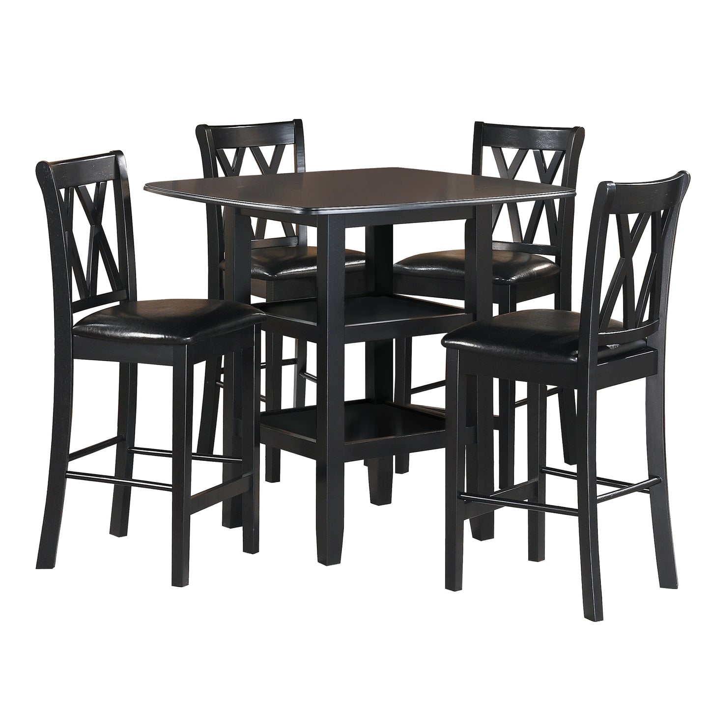 Black Finish 5pc Counter Height Set Dining Counter Height Table with Lower Shelves and 4x Chairs Set Faux Leather Upholstered Kitchen Dining Furniture