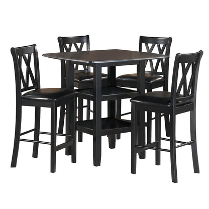Black Finish 5pc Counter Height Set Dining Counter Height Table with Lower Shelves and 4x Chairs Set Faux Leather Upholstered Kitchen Dining Furniture