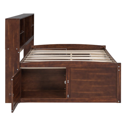 Elegant Antique Brown Full Size Wooden Captain Bed with Ample Storage and Built-in Shelves
