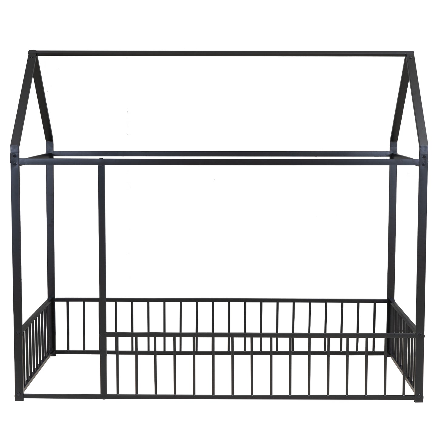 Twin Size Black Metal House Bed Frame with Playful Roof and Fence for Kids and Teens