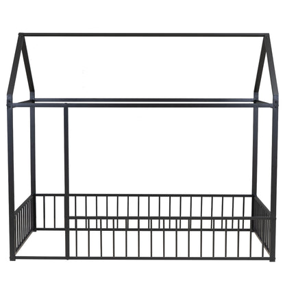 Twin Size Black Metal House Bed Frame with Playful Roof and Fence for Kids and Teens