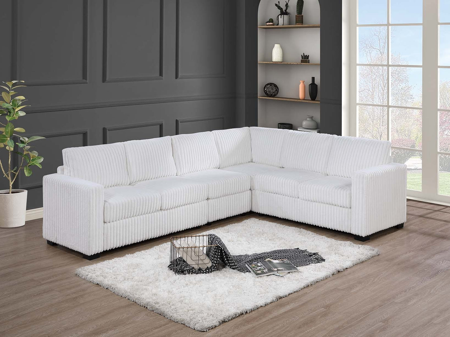 4-Piece L-Shaped Sectional Sofa with Corner Wedge, Corduroy Upholstery, Modern Living Room Milk White