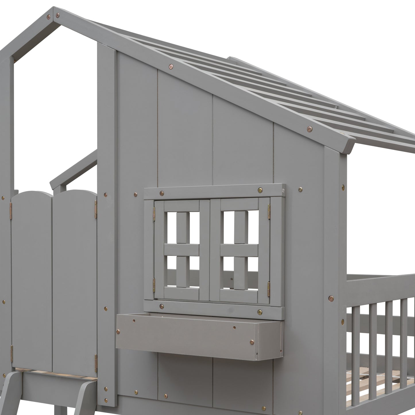 Twin House Bunk Bed for Kids with Roof and Windows - Twin Over Twin Design in Grey
