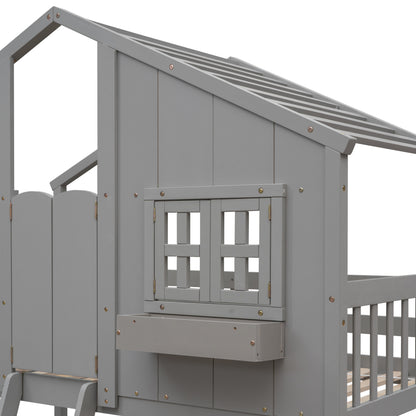 Twin House Bunk Bed for Kids with Roof and Windows - Twin Over Twin Design in Grey