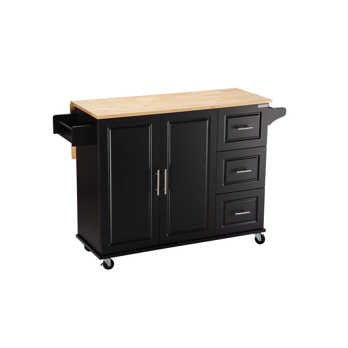 Mobile Kitchen Island with Rubber Wood Top, Adjustable Shelves & Spice Rack - Black-Beech Finish