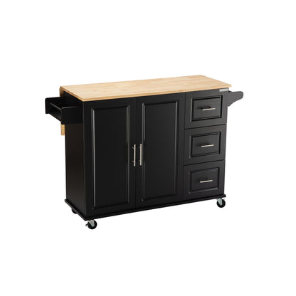 Mobile Kitchen Island with Rubber Wood Top, Adjustable Shelves & Spice Rack - Black-Beech Finish