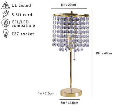 19-Inch Metal Table Lamp with Crystal Beads, Pull-Chain, 40W Type A or 23W CFL/LED Compatible, Gold