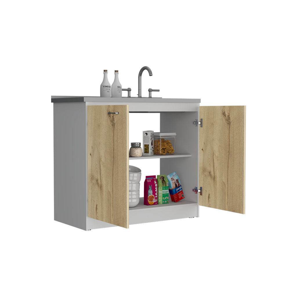 Modern Napoles Kitchen Utility Sink Cabinet with Double Doors and Shelf - White/Light Oak