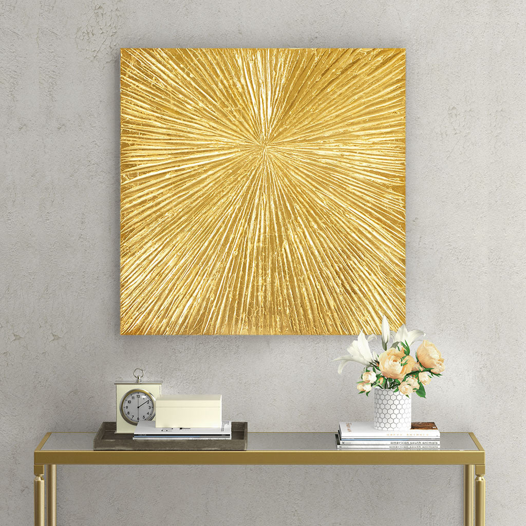 30x30 Hand-Painted Dimensional Resin Wall Art on MDF, 1.25in Thick, 10.6lb, Living Room Wall Art, Gold