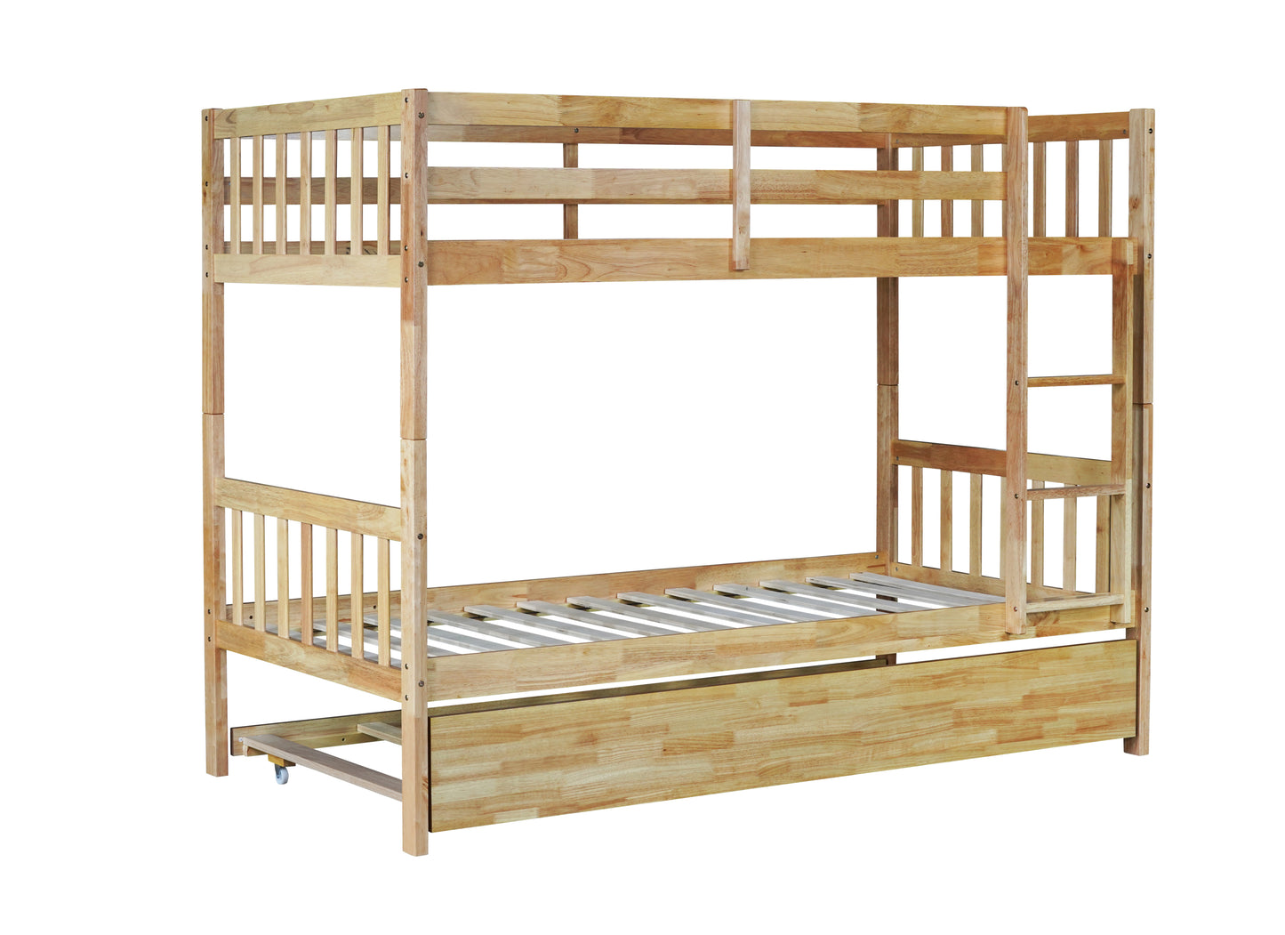 Convertible Twin Over Twin Bunk Bed with Trundle, Rubber Wood Design, Ladder & Safety Guardrails, Natural Finish