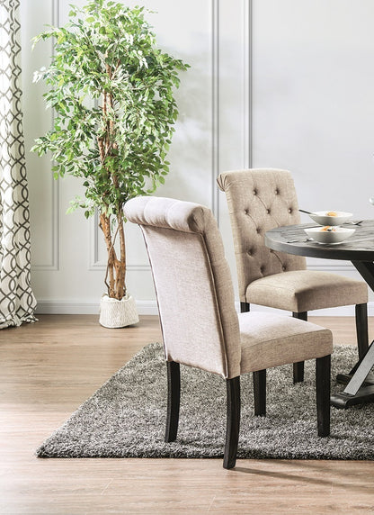 Set of 2 Side Dining Chairs - Button Tufted, Linen-Look, Solid Wood, Scroll Back, Rustic Chairs Ivory