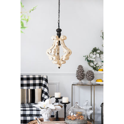 Farmhouse Wood & Iron One-Light Pendant Chandelier for Living Room or Foyer, Bulb Not Included, Cream
