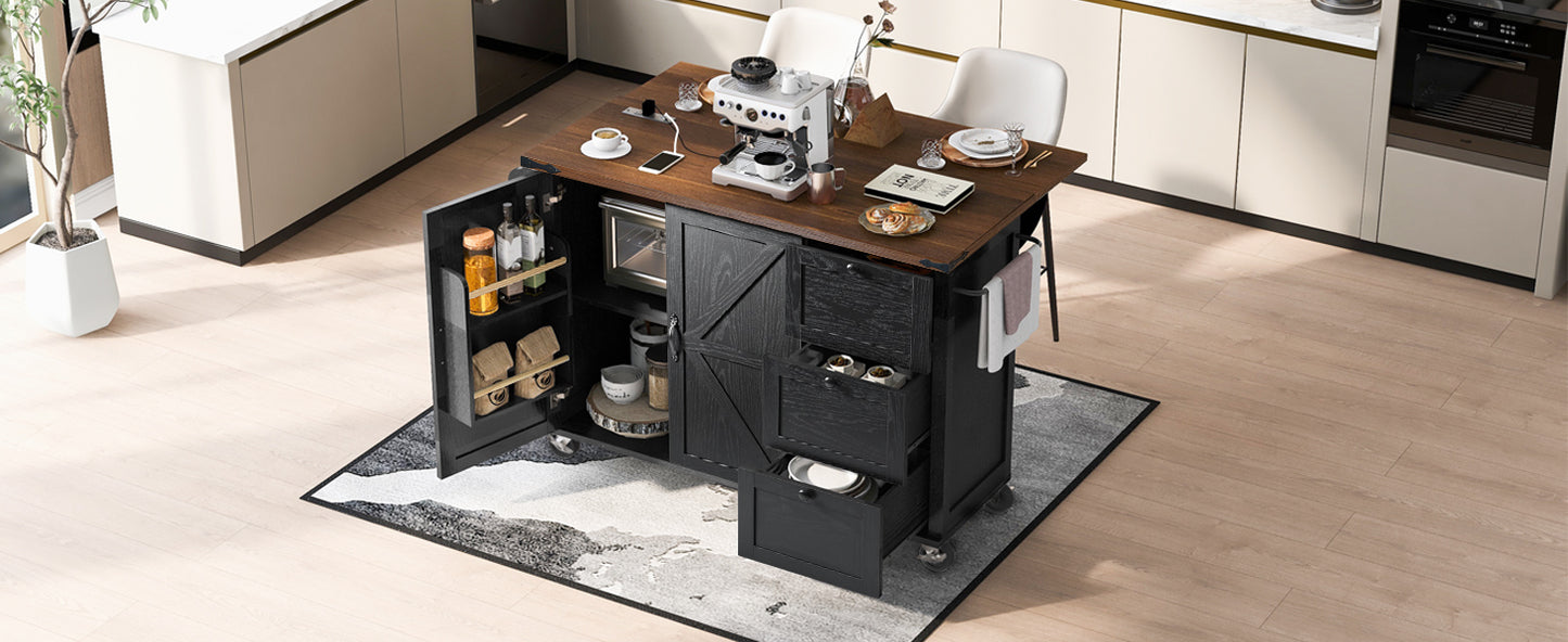 54.5" Rustic Farmhouse Kitchen Island with Power Outlet, Internal Storage, Drop Leaf, and Rolling Wheels for Home and Dining Room - Black