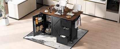 54.5" Rustic Farmhouse Kitchen Island with Power Outlet, Internal Storage, Drop Leaf, and Rolling Wheels for Home and Dining Room - Black