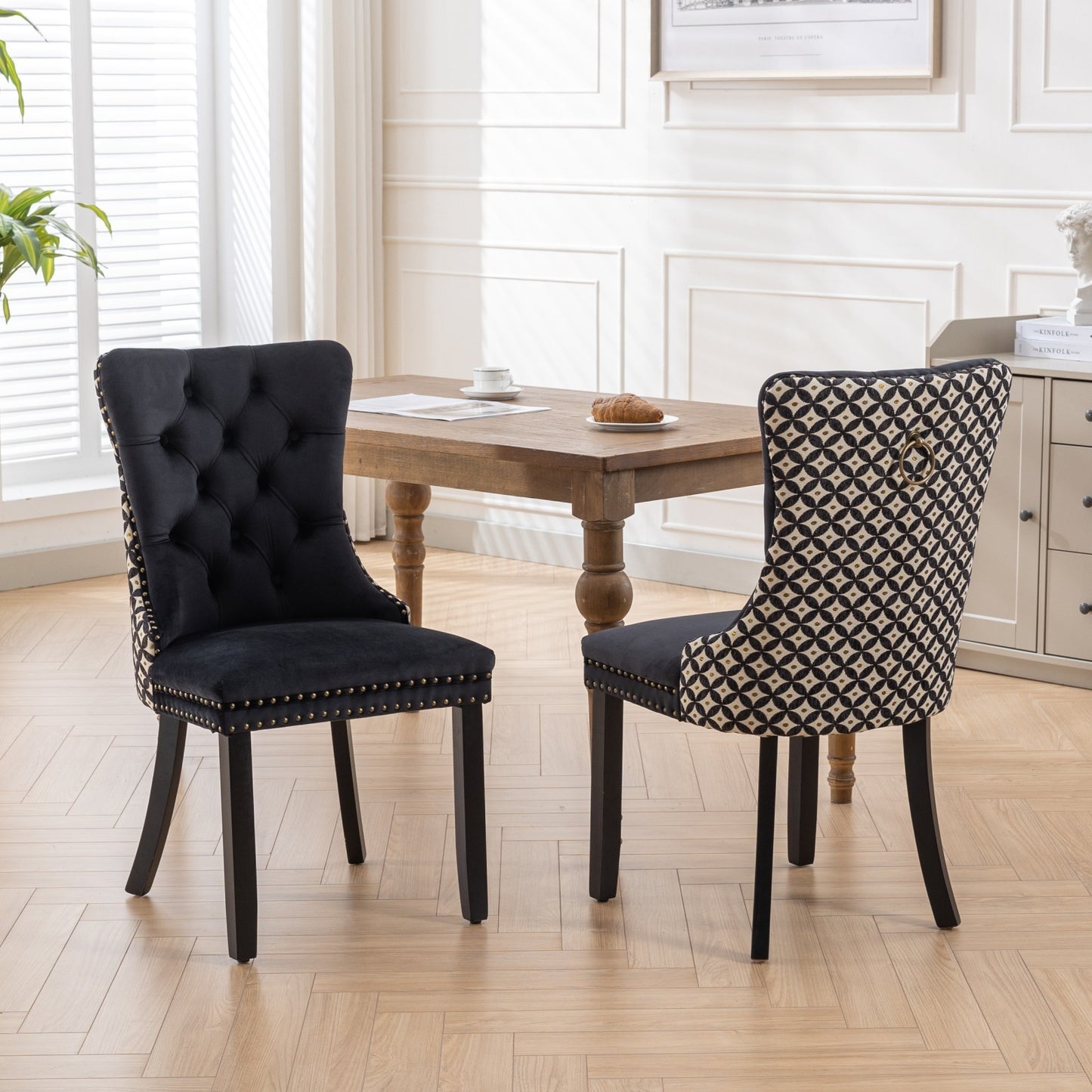 Velvet Dining Chairs Set of 2, Tufted High-Back, Solid Wood Frame, Nailhead Trim, Black & Patterned