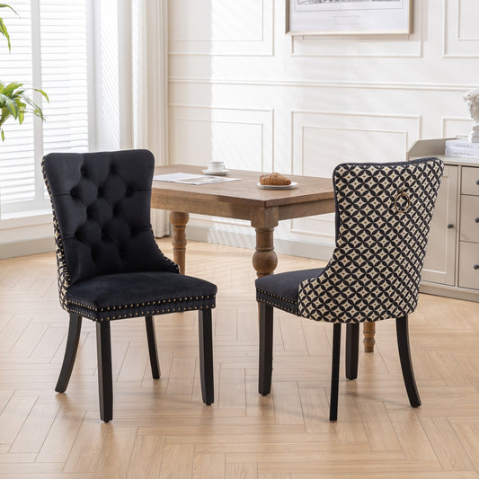 Velvet Dining Chairs Set of 2, Tufted High-Back, Solid Wood Frame, Nailhead Trim, Black & Patterned