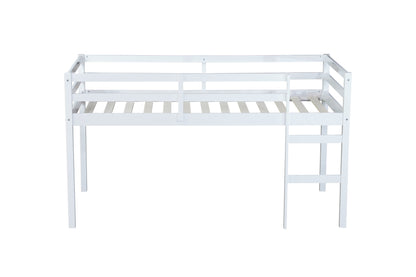 Contemporary Rubber Wood Twin Loft Bed with Ladder and Spacious Storage, White Finish