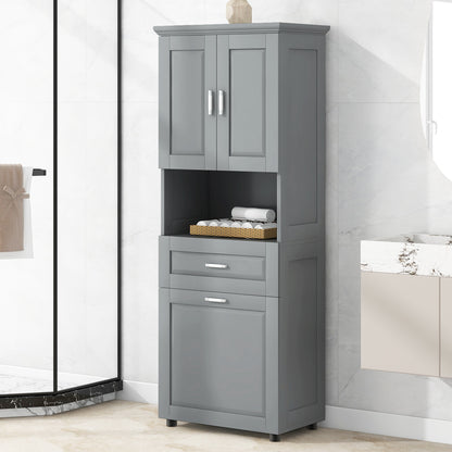 Tall Grey Storage Cabinet with Removable Laundry Hamper, Multi-Functional Upper Shelves and Cabinet Doors