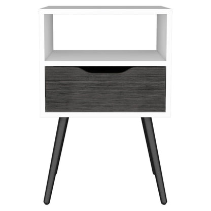 Otom Nightstand , Superior Top, One Open Shelf, One Drawer, Four Legs -Smokey Oak / White