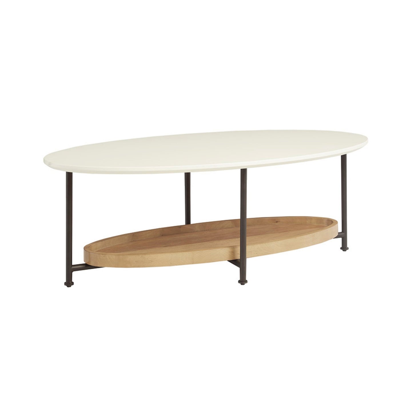 Contemporary Oval Coffee Table, 48W x 24D x 16.5H, White MDF Top, Black Metal Legs, Natural Shelf - White