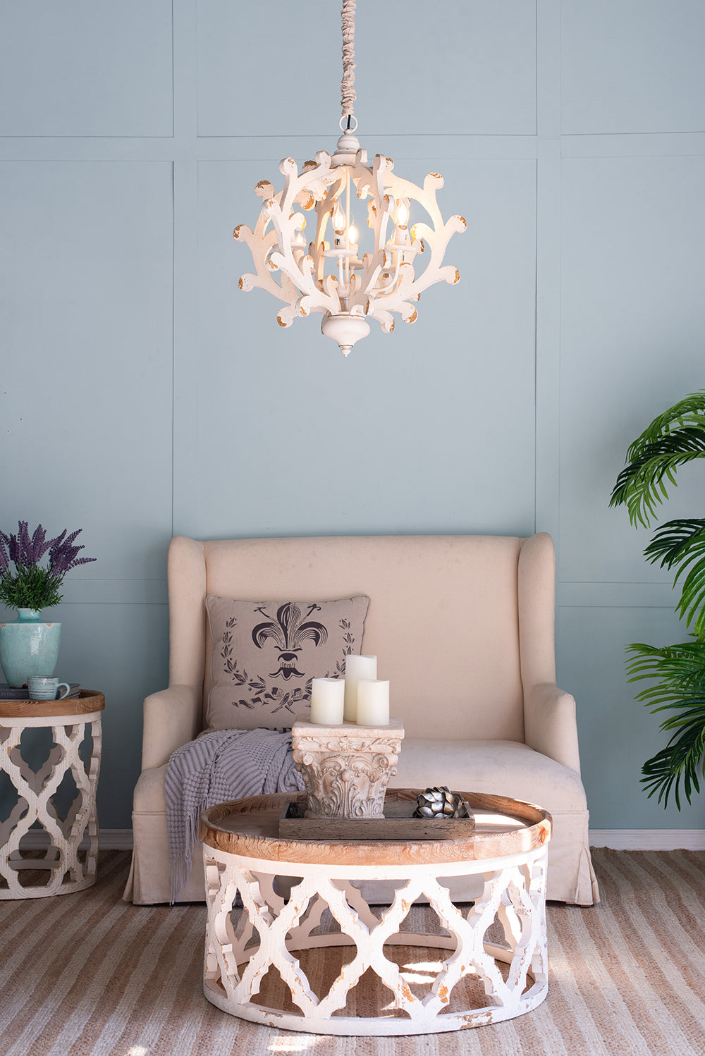 6-Light Wood Chandelier with Adjustable Chain for Kitchen and Dining - Bulbs Not Included Weathered White