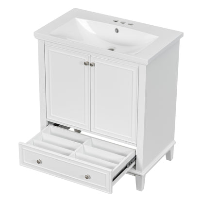 30" Modern Bathroom Vanity with Ceramic Sink, Multi-Storage Cabinet with Adjustable Shelves, Durable Solid Wood & MDF Construction, White Finish