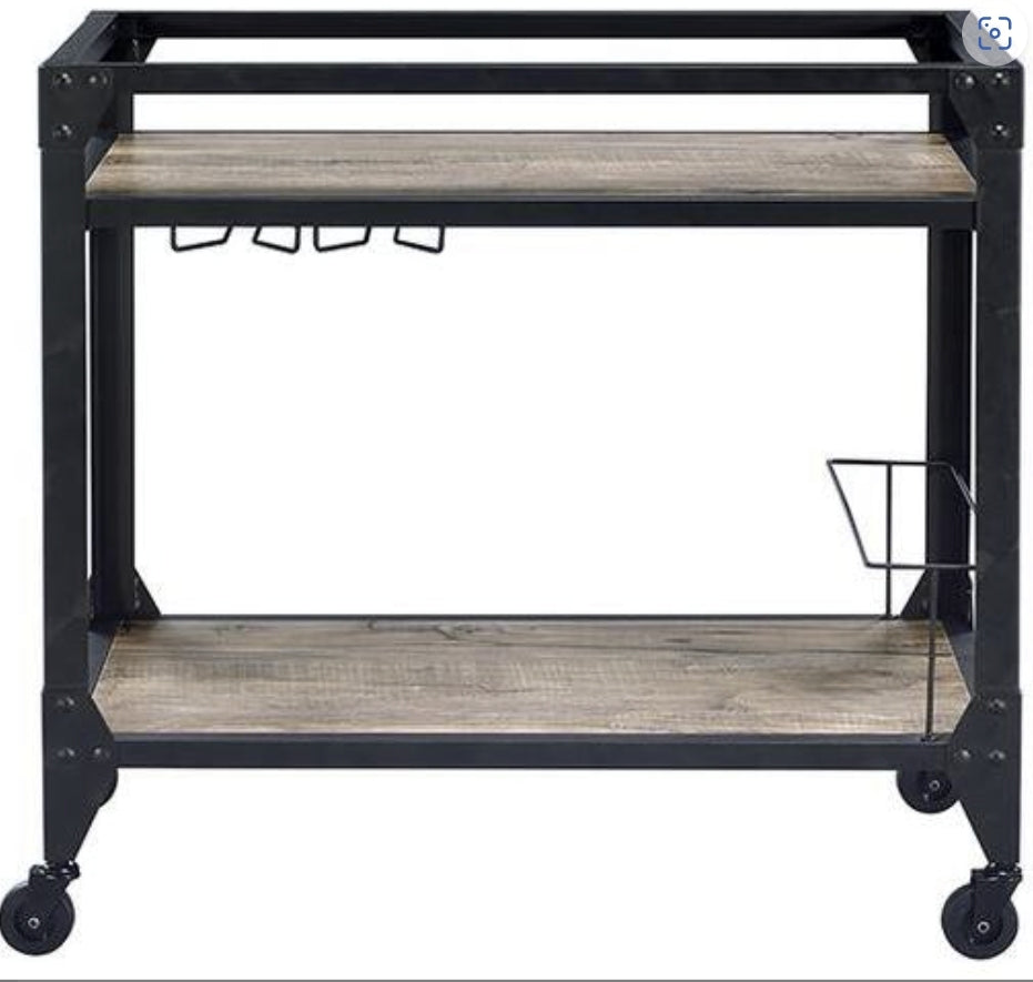 Industrial Rustic Oak Charcoal Serving Cart With Wine Rack