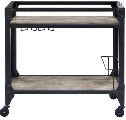 Industrial Rustic Oak Charcoal Serving Cart With Wine Rack