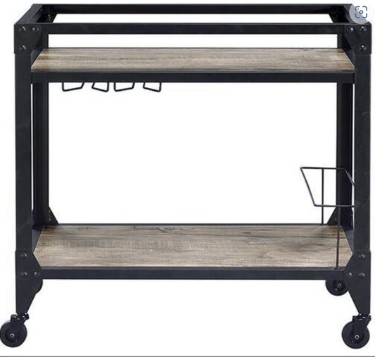 Industrial Rustic Oak Charcoal Serving Cart With Wine Rack
